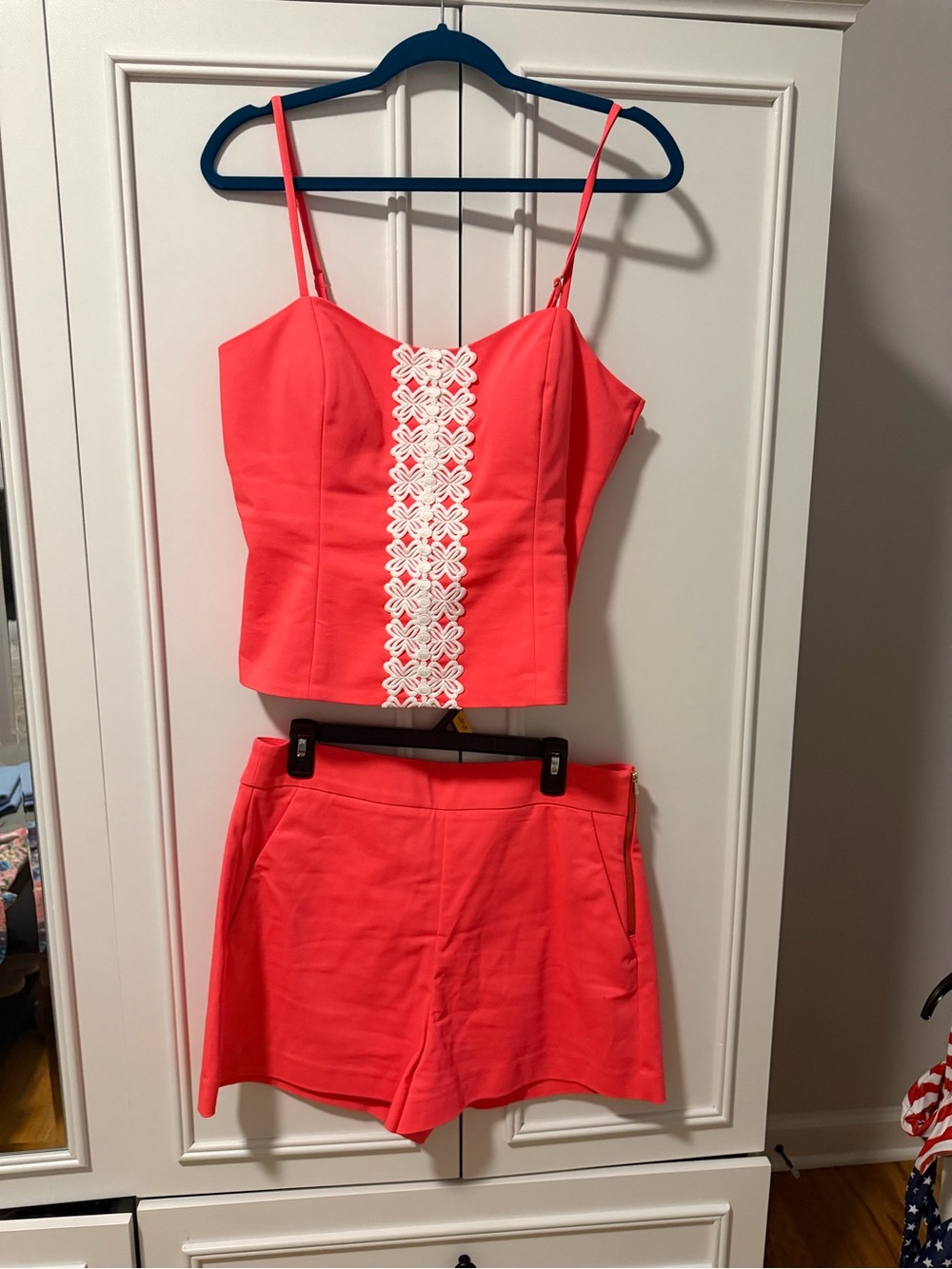 Coral Two-Piece Short Set with White Lace Trim